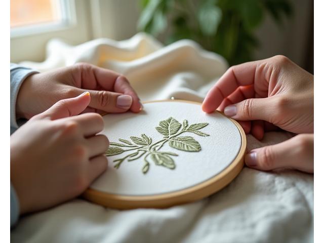 A student's hands carefully making their first few stitches on a small embroidery hoop, with a patient instructor's hand gently guiding.